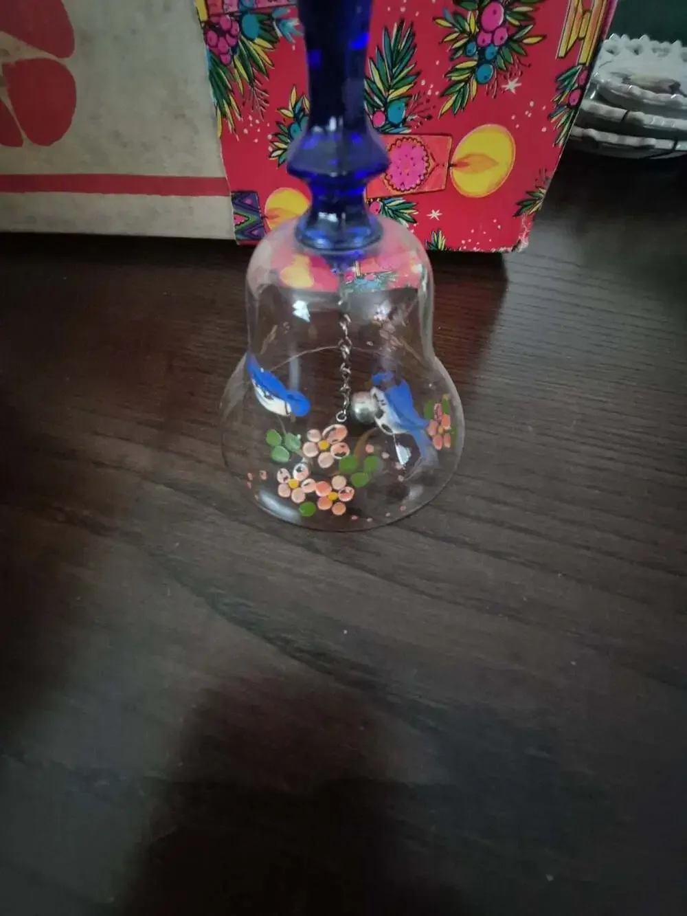Vintage Hand Blown Art Glass Bell Cobalt Blue Handle Birds Flowers